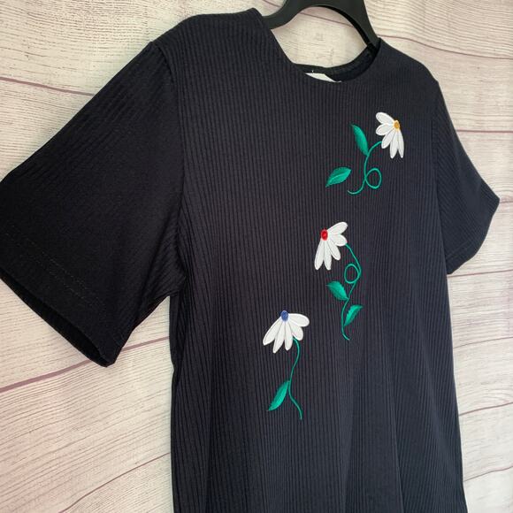 Links Vintage Black Ribbed Embroidered Daisy Flower Shirt Short Sleeve Size S - Picture 14 of 16